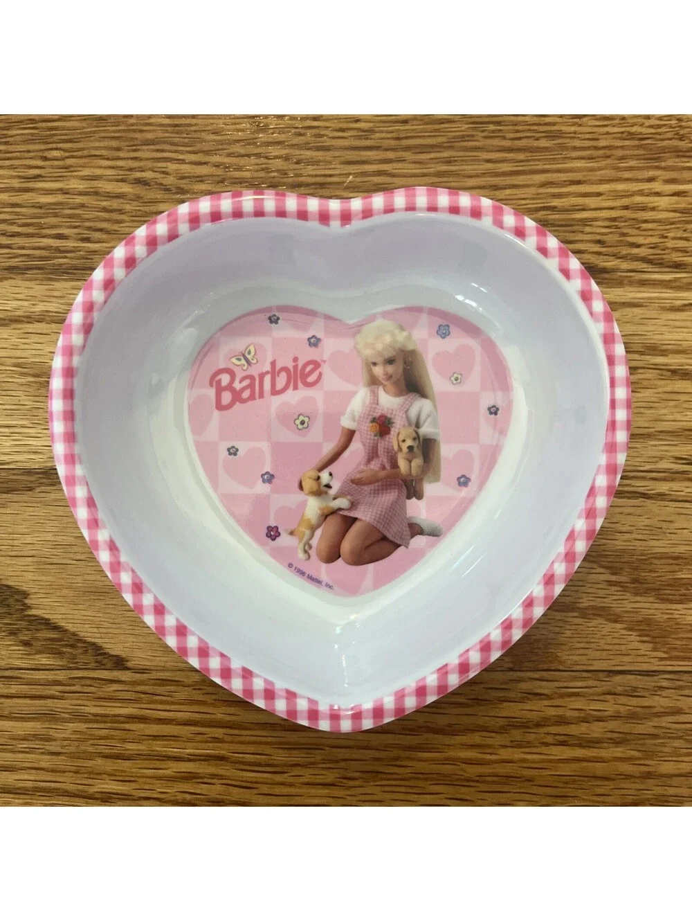 Vtg 90’s  Barbie Heart Shaped Plate & Bowl Set Pink Gingham Border Melamine